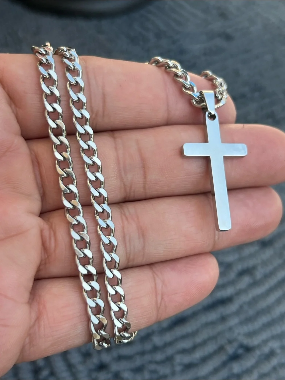 Men's Silver Cross Pendant Necklace - Polished Stainless Steel